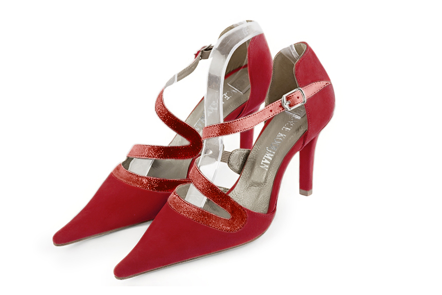 Women's cardinal red open side dress shoes, with snake-shaped straps. Pointed toe. High slim heel - Front view